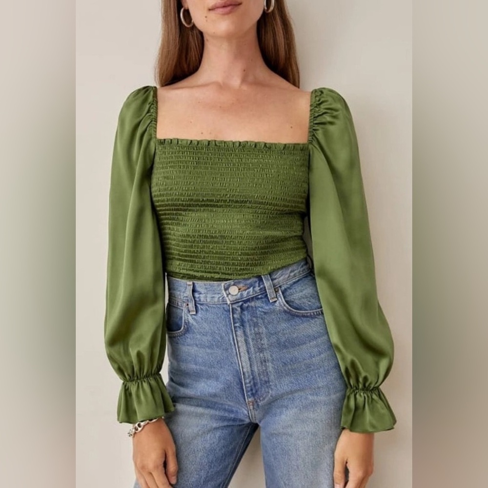 Reformation Chamomile Top Size Small in Moss Green Silk Satin Smocked Blouse